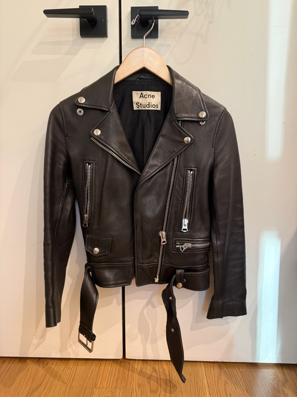 Acne Black Leather ‘Mock’ Moto Jacket with Silver Hardware 32 XS